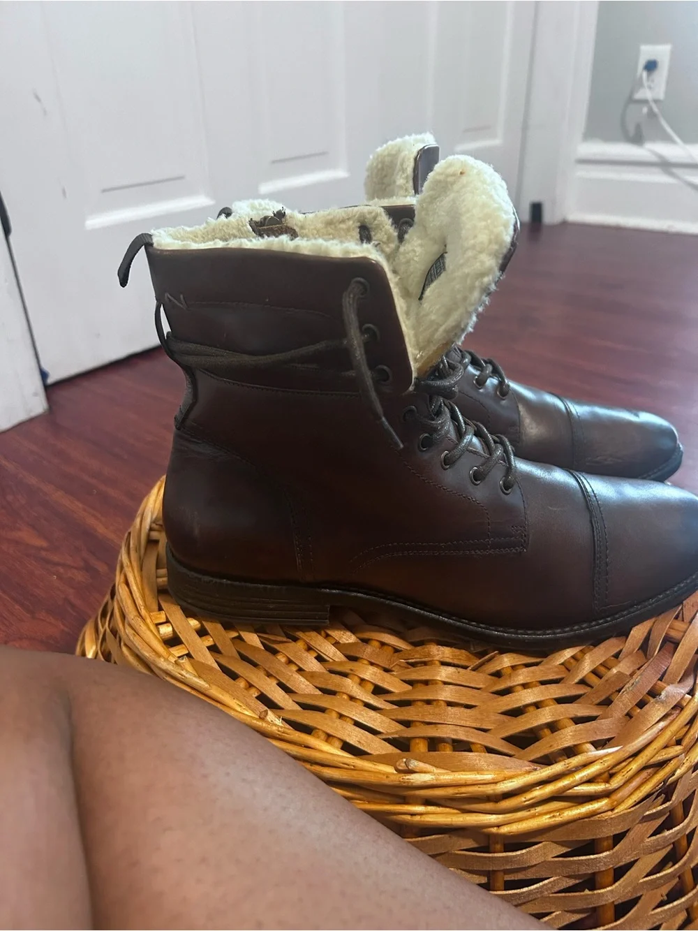 Aldo Dark Brown Leather Lace-Up Boots with Shearling Trim